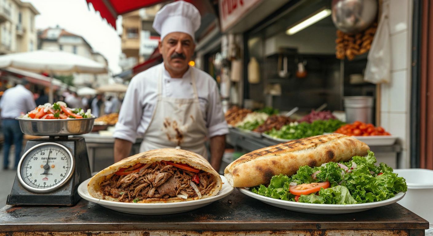 A juicy döner kebab wrapped in warm bread sits on a plate next to a fresh salad and a frowning scale, with a Turkish street vendor in the background wearing a white apron.