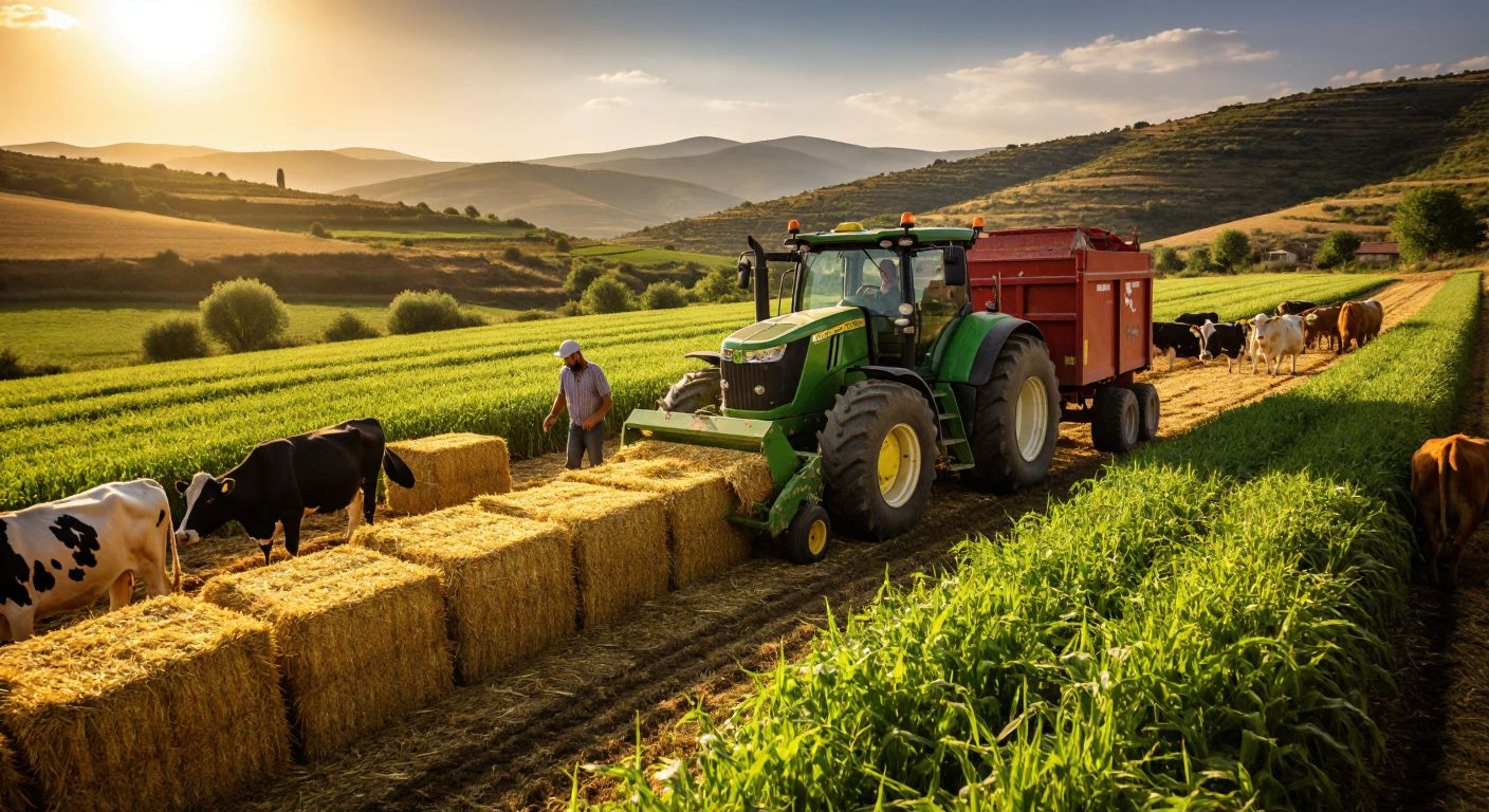 A Turkish farmer in a sunlit green field operates a silage packing machine, compressing fresh-cut corn into dense bales while cows graze nearby.