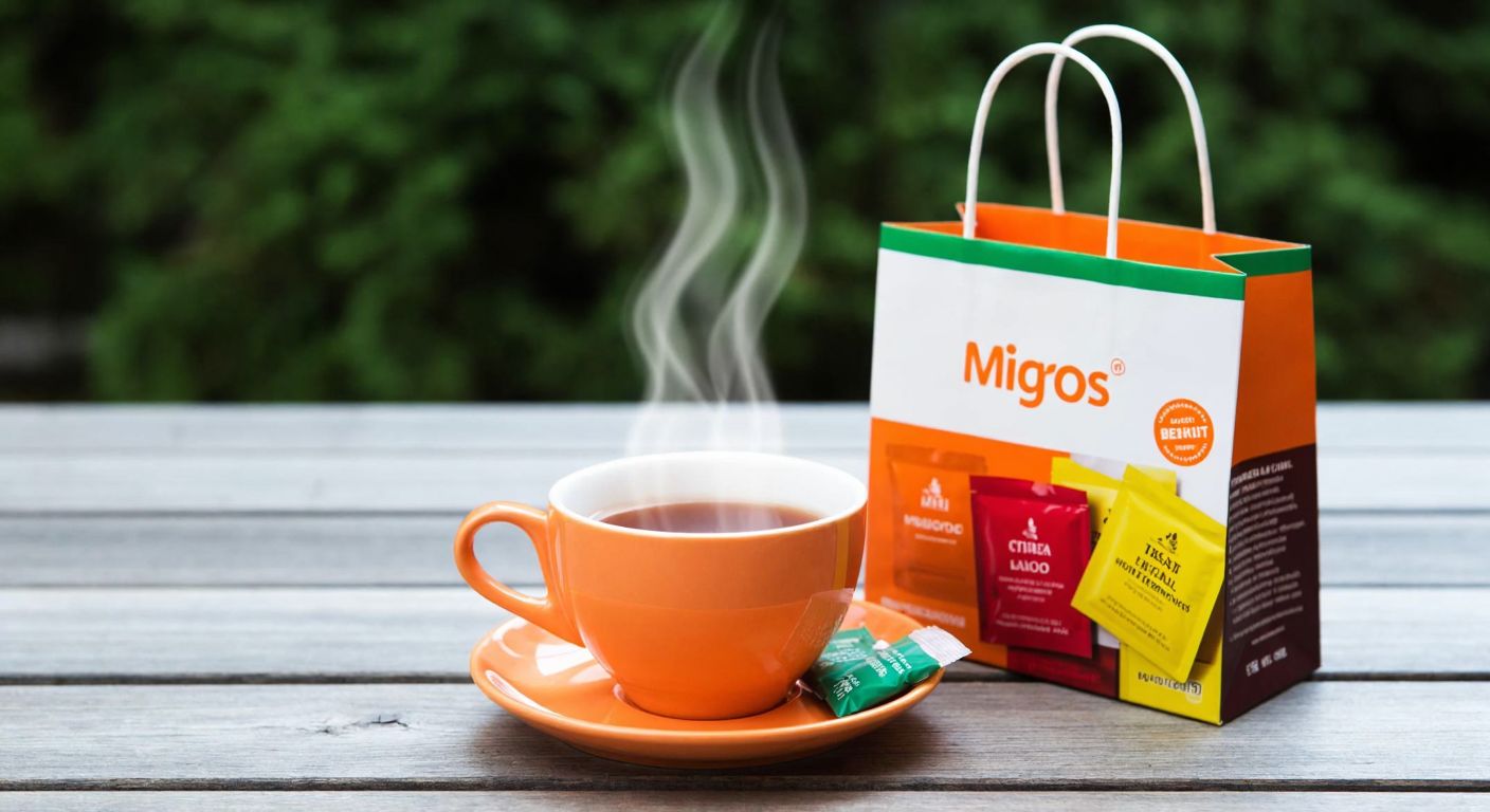 A warm cup of aromatic herbal chai with steam rising, placed on a wooden table beside a Migros shopping bag filled with colorful tea boxes.