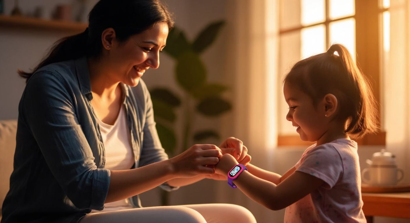 A smiling Turkish mother gently fastens a colorful digital watch onto her young daughter’s wrist in a cozy home setting, with warm sunlight streaming through the window.