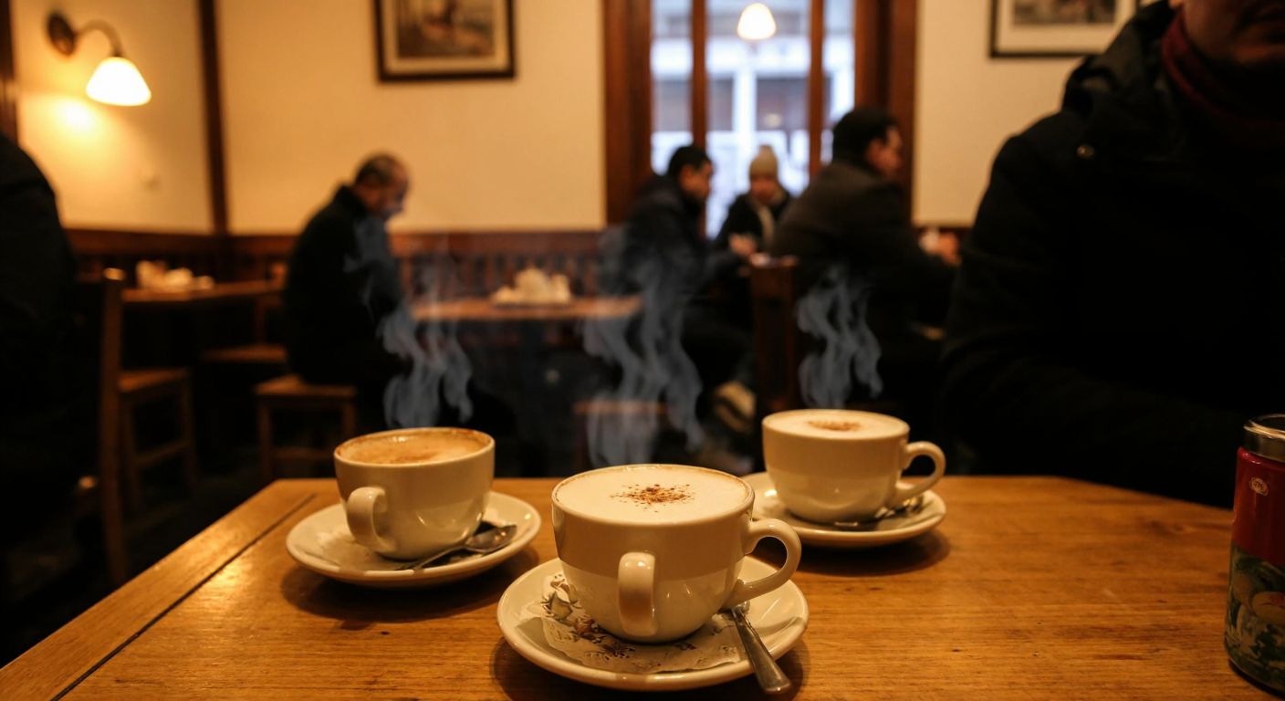 A cozy, dimly lit café in Burdur's Bucak district, with steaming cups of creamy salep on wooden tables, surrounded by locals in warm winter clothing enjoying the fragrant drink.