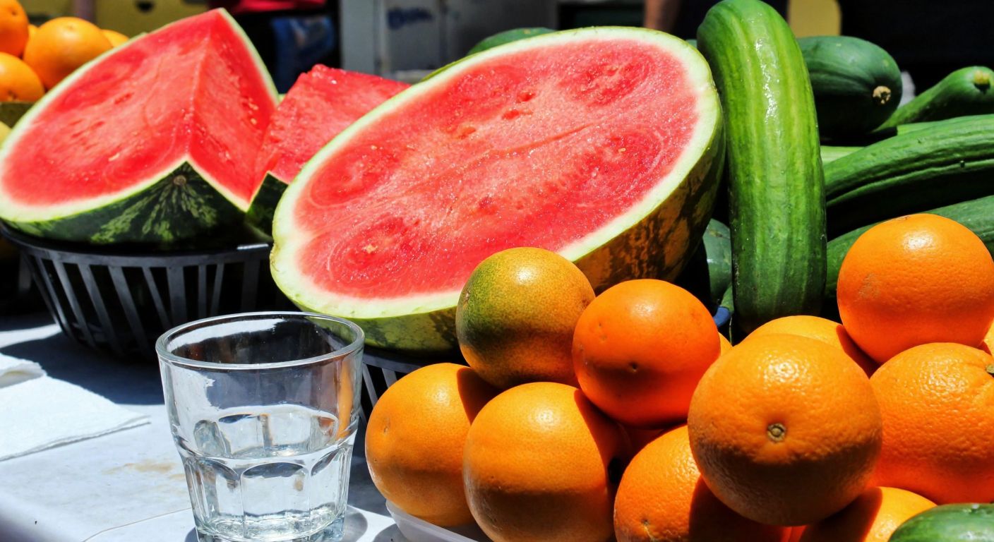 A vibrant Turkish market stall displays a juicy watermelon, ripe cantaloupe, fresh oranges, and crisp cucumbers, with a spilled glass of water nearby, symbolizing their incompatibility.