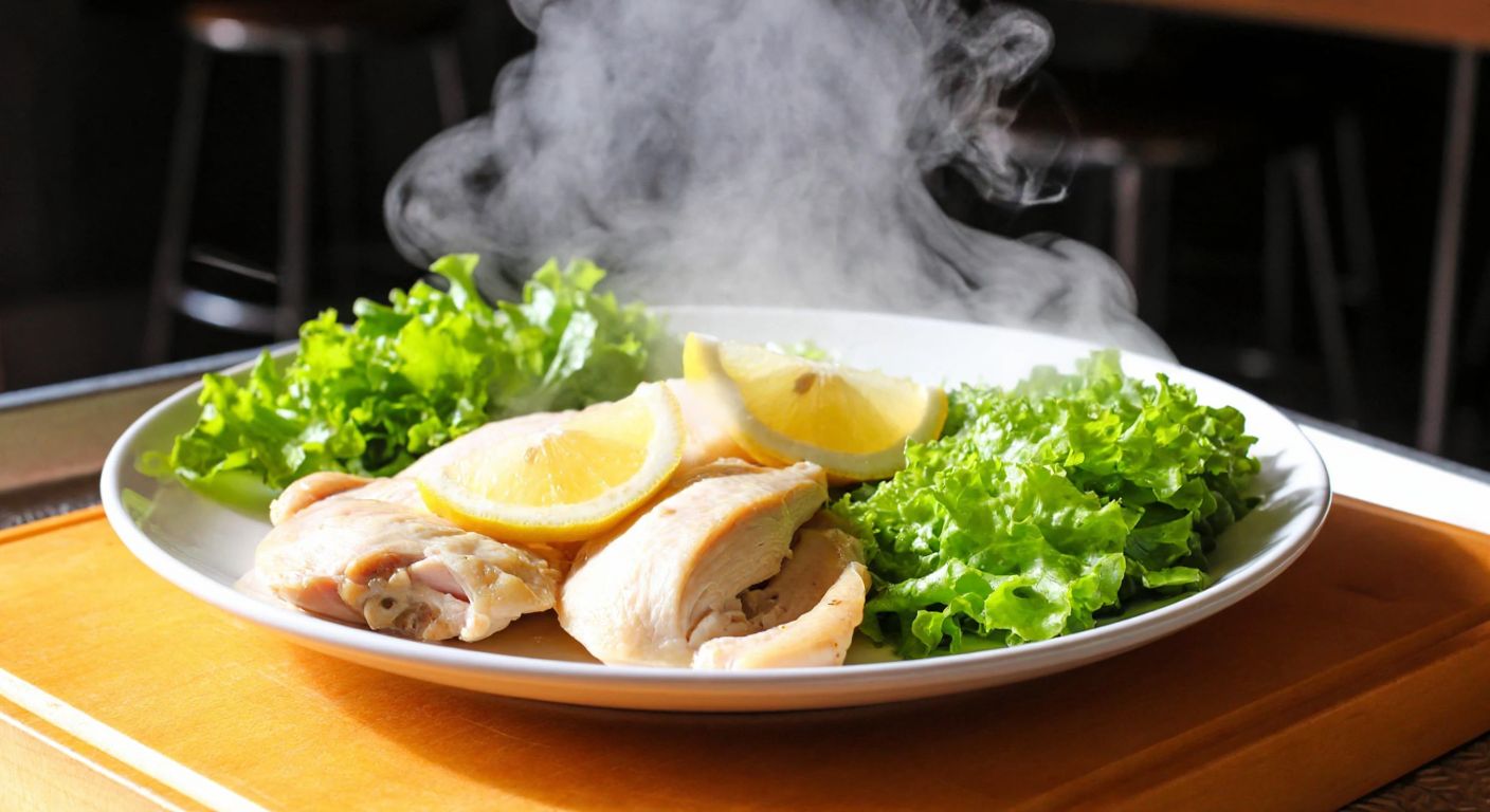 A steaming plate of tender boiled chicken breast with fresh lemon slices and a side of crisp green salad, placed on a rustic wooden table in a sunlit Turkish kitchen.