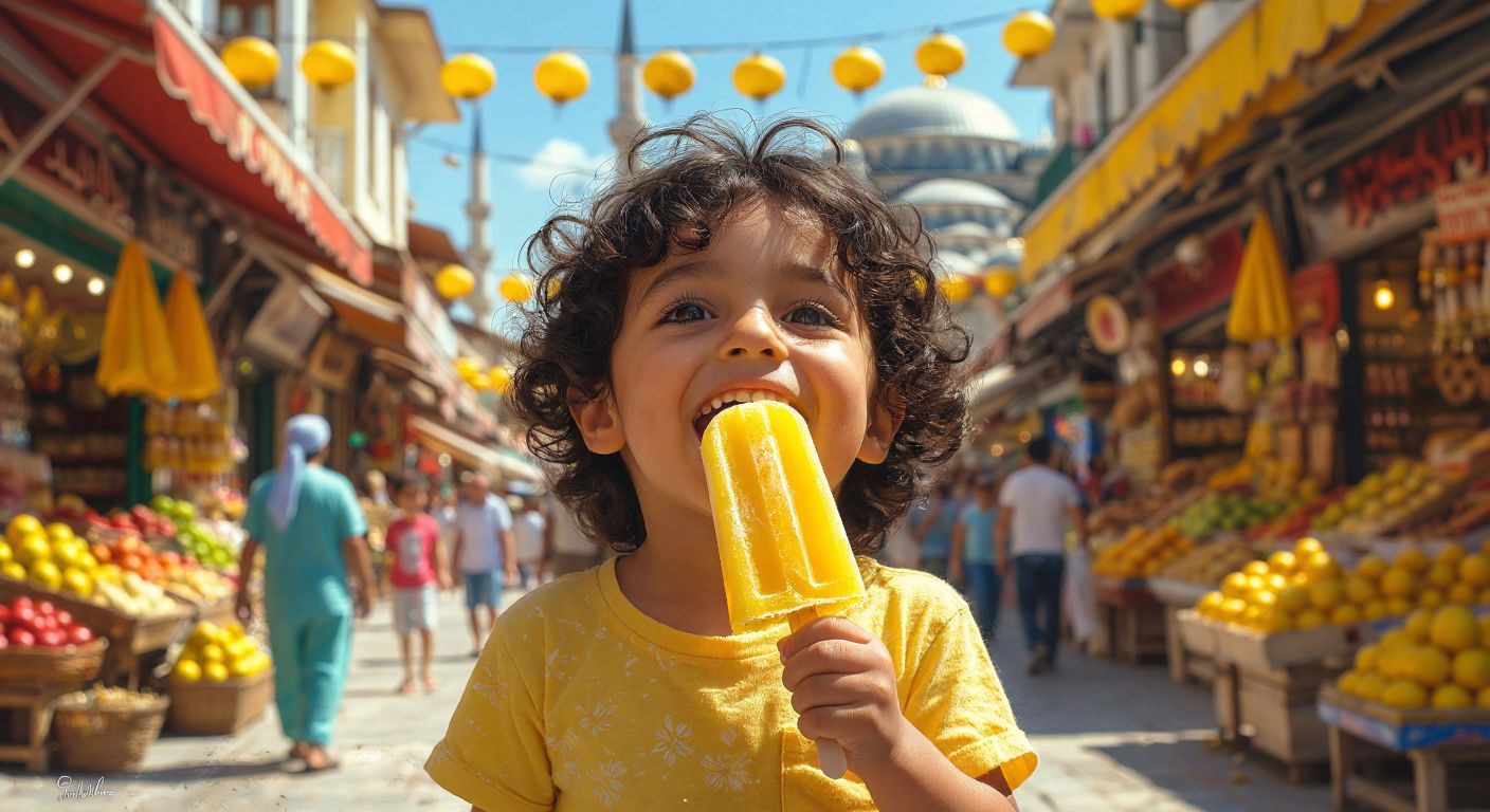 A child with dark curly hair happily licking a bright yellow lemon popsicle under the warm Turkish sun, with a bustling bazaar in the background.