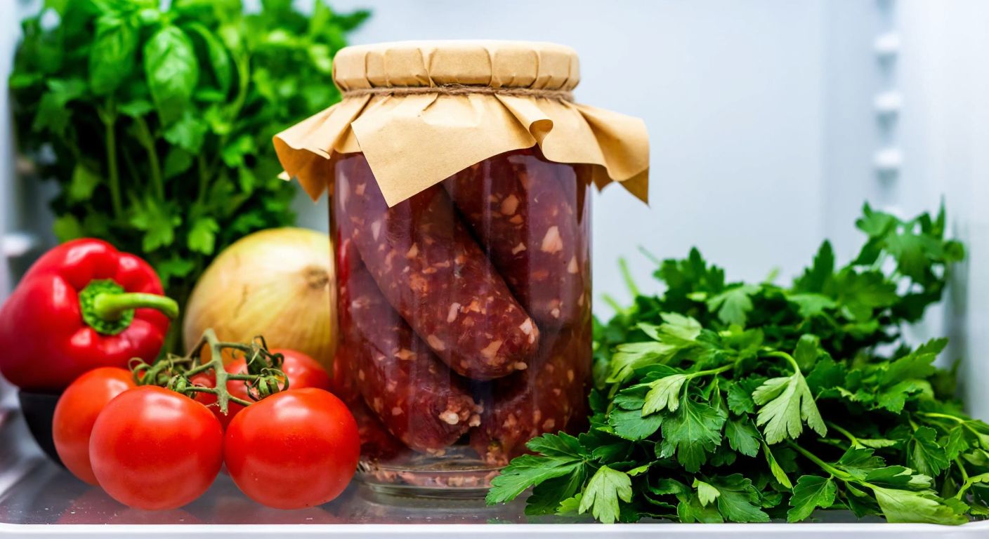 A rustic Turkish kitchen with a glass jar of homemade salami wrapped in cloth, placed inside a refrigerator alongside fresh herbs and vegetables, evoking a sense of traditional food preservation.