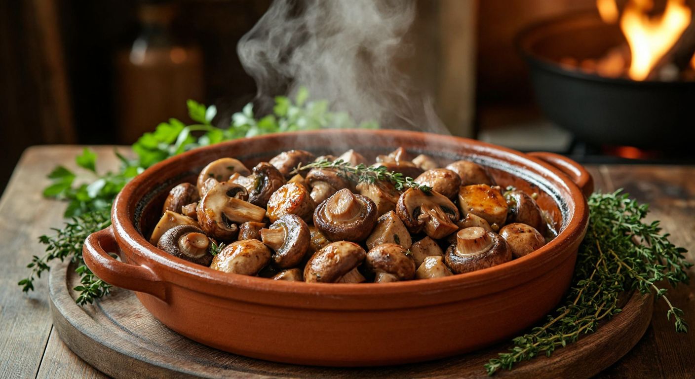 A rustic Turkish clay güveç dish filled with sizzling mushrooms—cultivated, Kanlıca, and porcini—chunky and golden-brown, steaming atop a wooden table with fresh herbs and a warm kitchen backdrop.