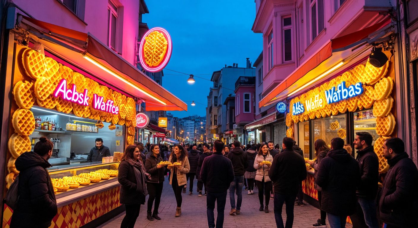 A bustling Istanbul street scene with two vibrant waffle shops side by side—one with a cozy, 24-hour neon glow (Bebek Waffle) and the other with a modern, inviting storefront (Ab'bas Waffle)—as people of diverse ages smile while holding golden, syrup-drizzled waffles.