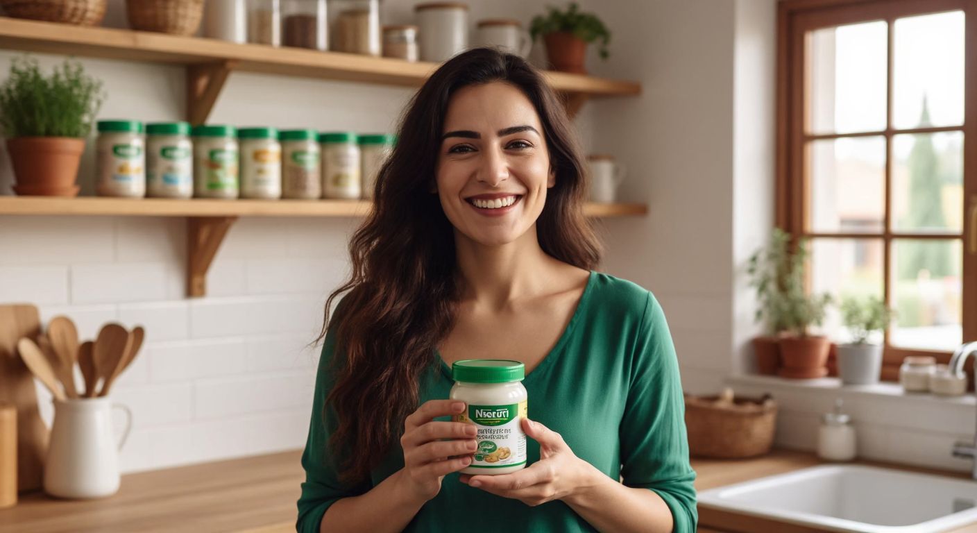 A smiling Turkish mother in a cozy kitchen holds a jar of Nestogen baby formula with the Nestlé logo subtly visible on a shelf behind her.