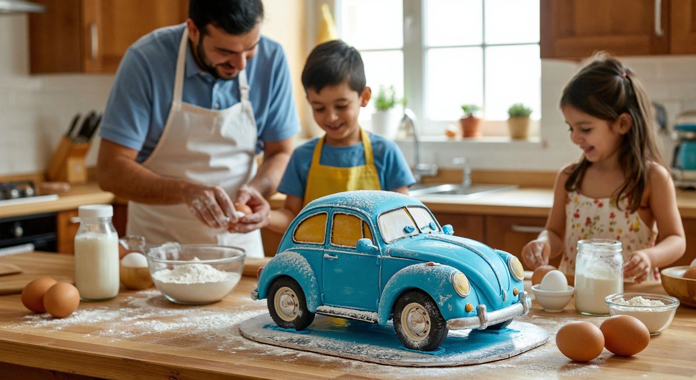 A Turkish kitchen counter with a vibrant blue cake shaped like a toy car, surrounded by baking ingredients like eggs, yogurt, and flour, while a smiling adult and child decorate it with white sugar-paste details.