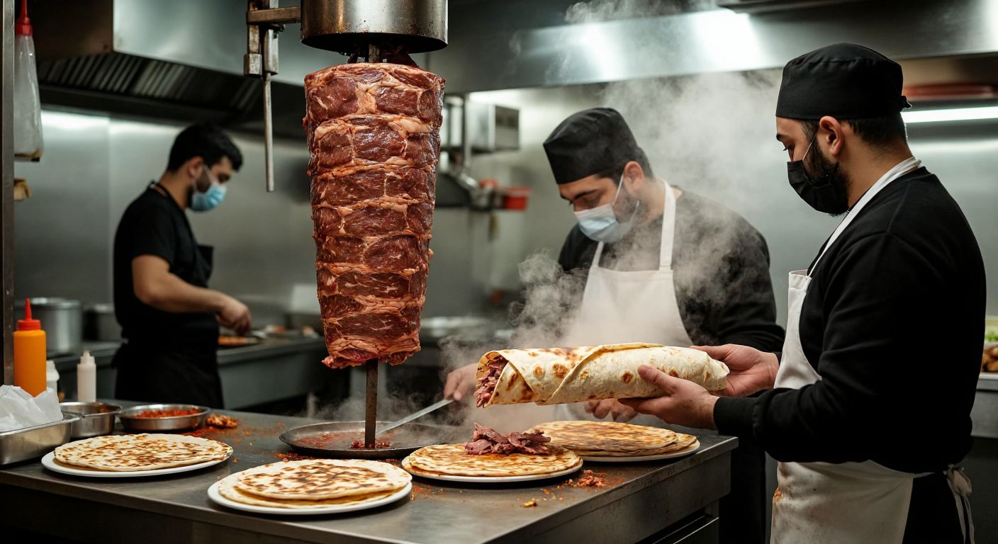 A bustling Turkish döner shop with a rotating spit of juicy meat, a cook slicing thin layers onto warm flatbread, and a customer eagerly holding a freshly wrapped dürüm, steam rising from it.