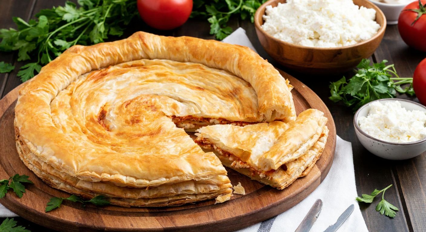 A warm Turkish kitchen with a flaky, golden *çarşaf böreği* on a wooden table, layered with 5-6 thin sheets of yufka, surrounded by fresh herbs and a bowl of white cheese.