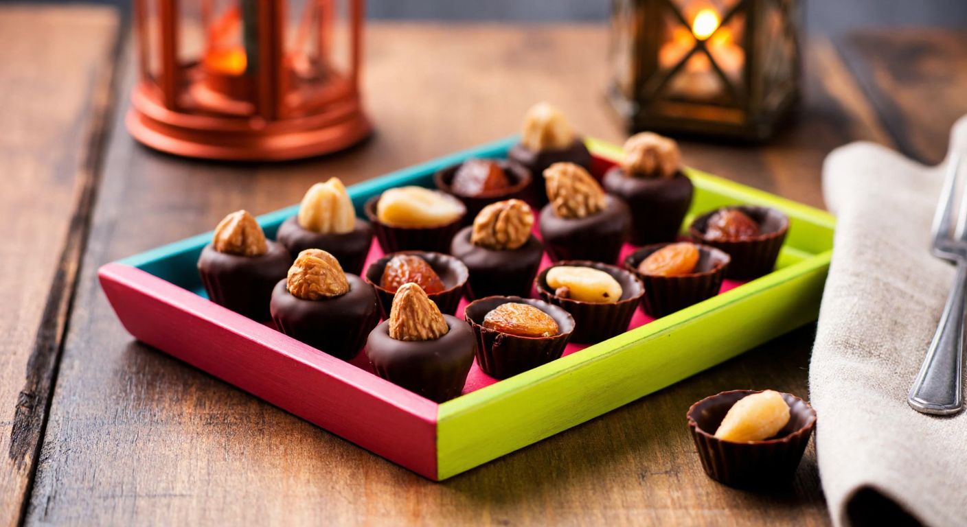 A colorful wooden tray filled with bite-sized chocolate-covered nuts and dried fruits, arranged neatly on a rustic table with a warm, inviting glow from a nearby lantern.