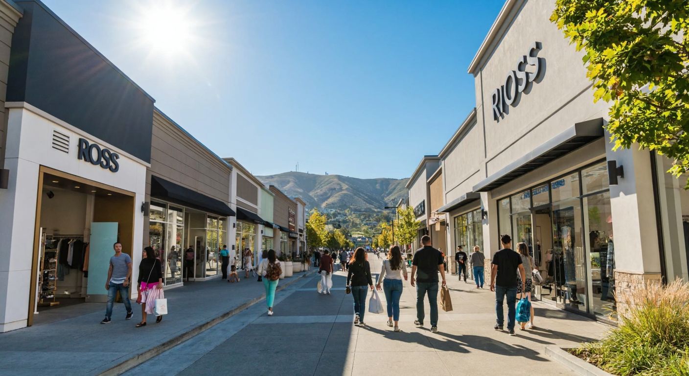 A bustling American shopping street with a large Ross storefront under a sunny California sky, featuring shoppers carrying bags and a distant view of rolling hills.