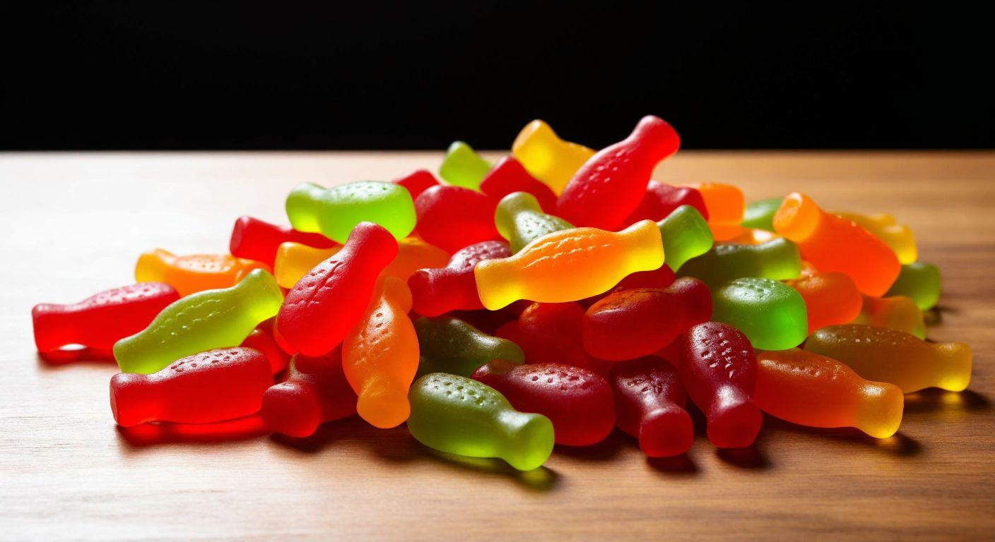 A colorful pile of jelly candies shaped like cola bottles, glistening under soft light, with a few scattered on a wooden table in a Turkish café.