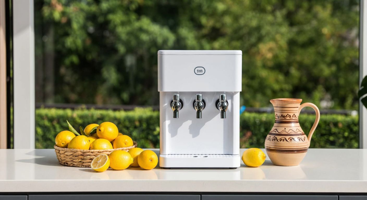 A modern white water dispenser with three silver faucets sits on a countertop in a bright Turkish kitchen, surrounded by fresh lemons and a traditional ceramic pitcher.