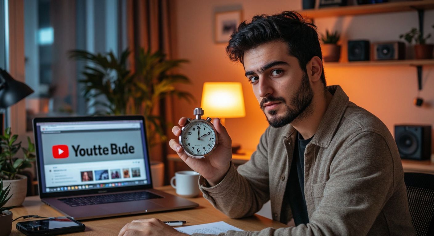 A Turkish content creator in a cozy home studio, holding a stopwatch with a focused expression, while a laptop displays a colorful YouTube channel banner in the background.
