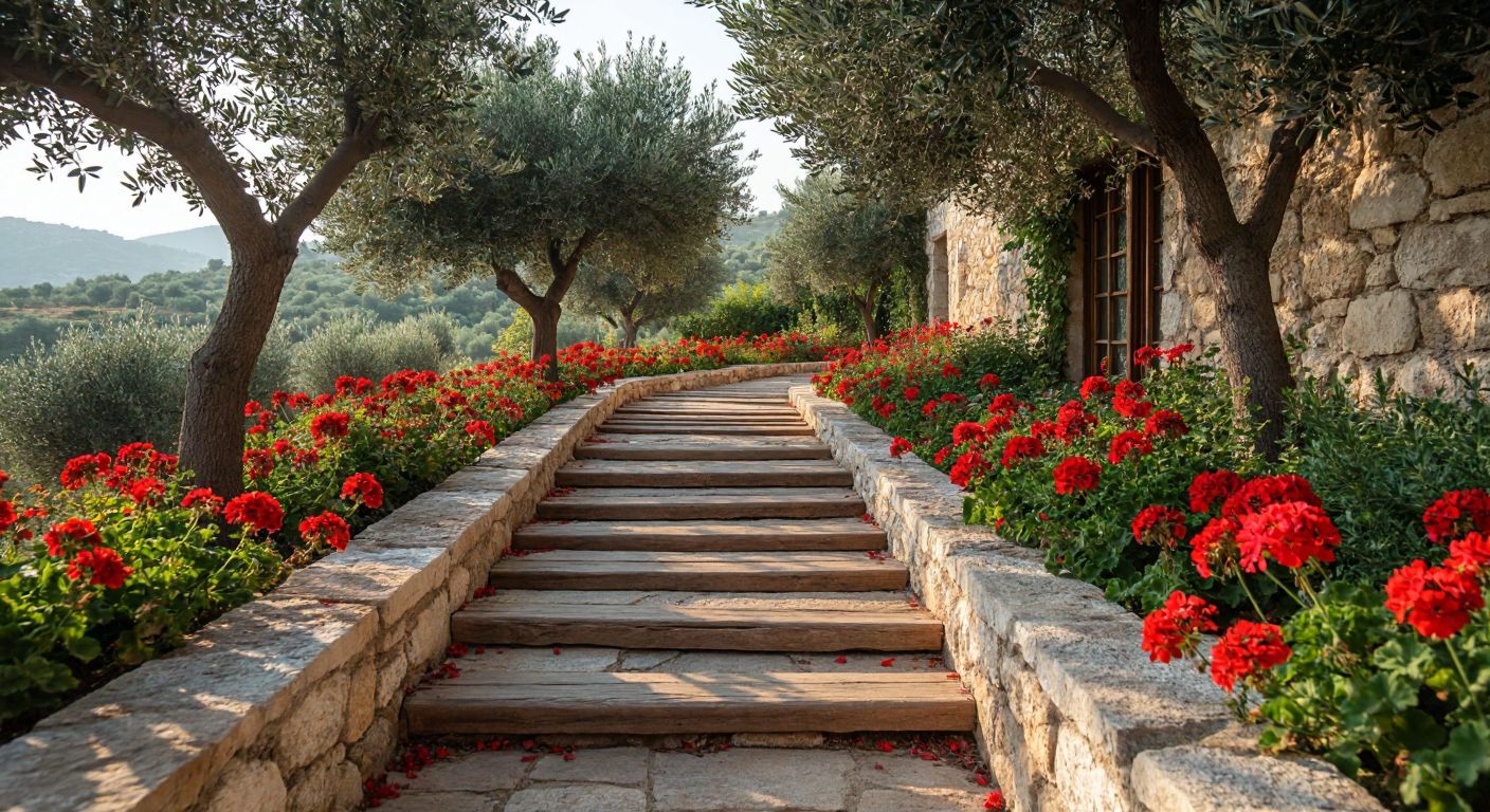 A rustic Turkish garden with weathered wooden travers forming a terraced flower bed, a low decorative wall, and a winding pathway, surrounded by vibrant red geraniums and olive trees under a warm sun.