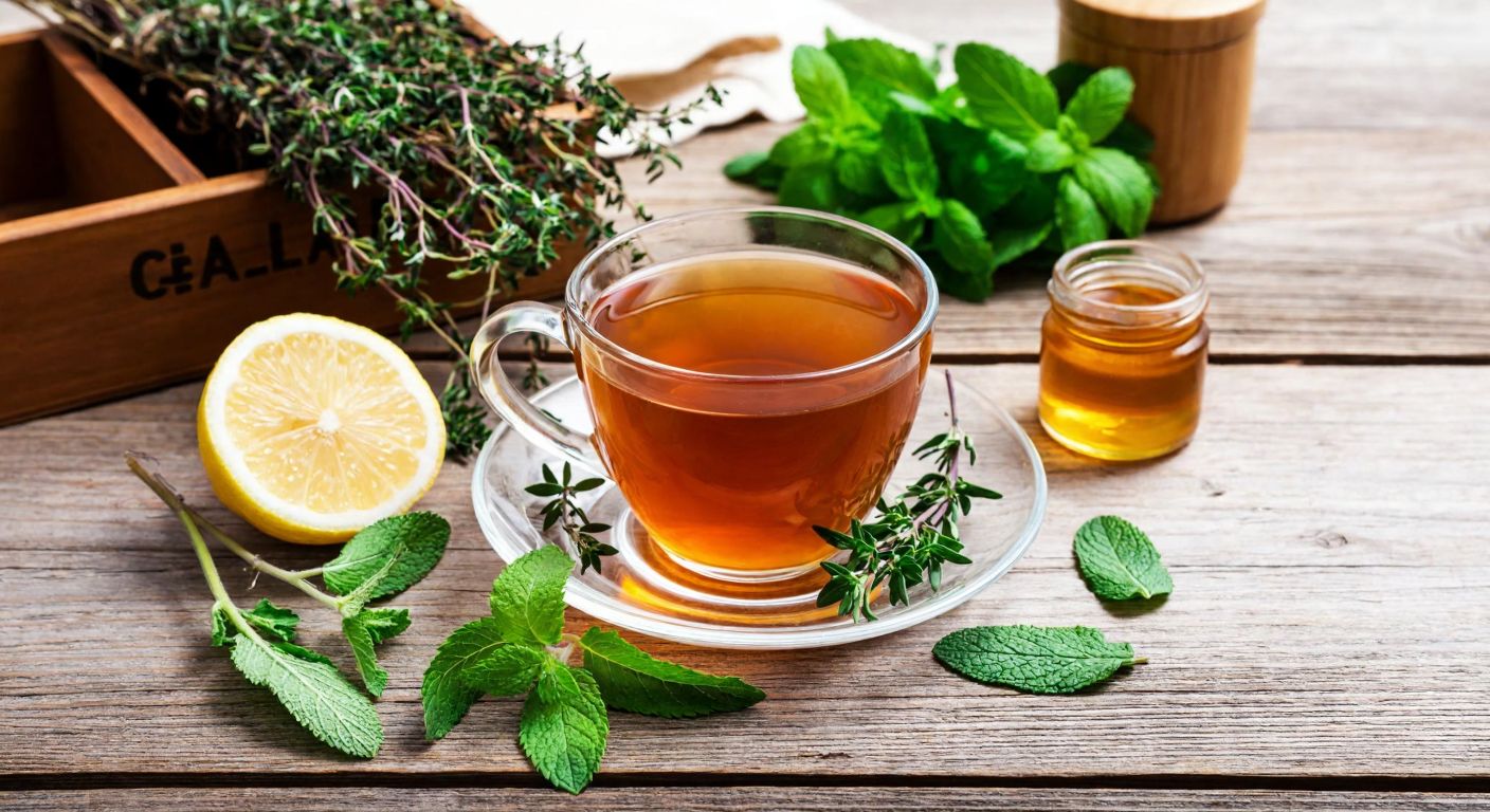 A rustic wooden table in a cozy Turkish kitchen holds a steaming cup of thyme tea surrounded by fresh sprigs of thyme, mint leaves, sage, a slice of lemon, and a small jar of golden honey.