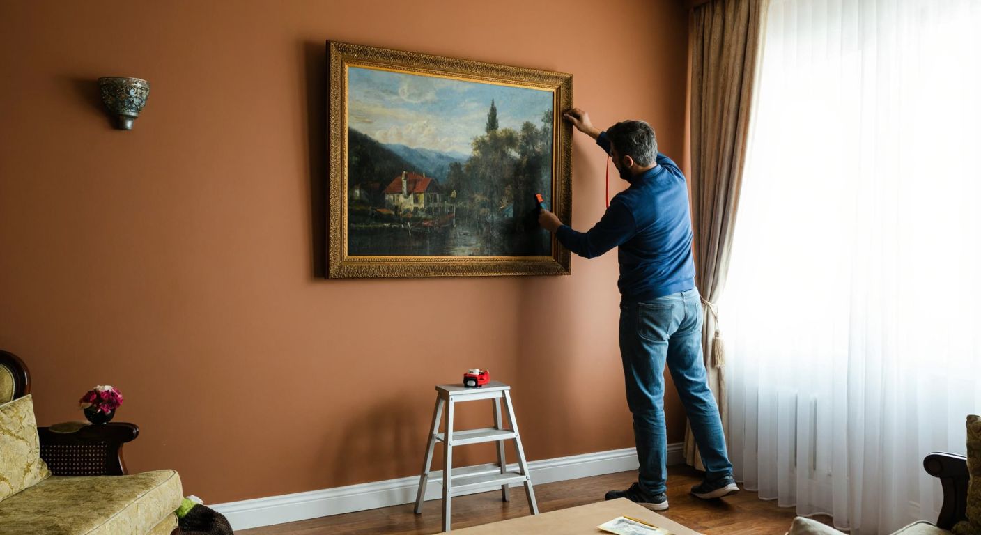 A person in a cozy Turkish living room carefully measuring the height of a framed painting against a warm-toned wall, with a small step ladder nearby and a tape measure in hand.