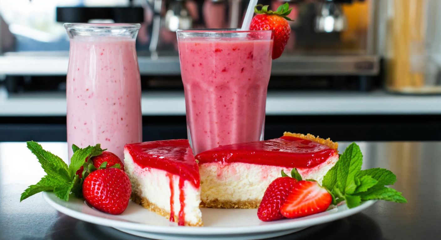A vibrant Turkish café counter displays a tall glass of pink strawberry smoothie drizzled with Monin strawberry purée, next to a slice of cheesecake topped with the same glossy red purée, surrounded by fresh strawberries and mint leaves.