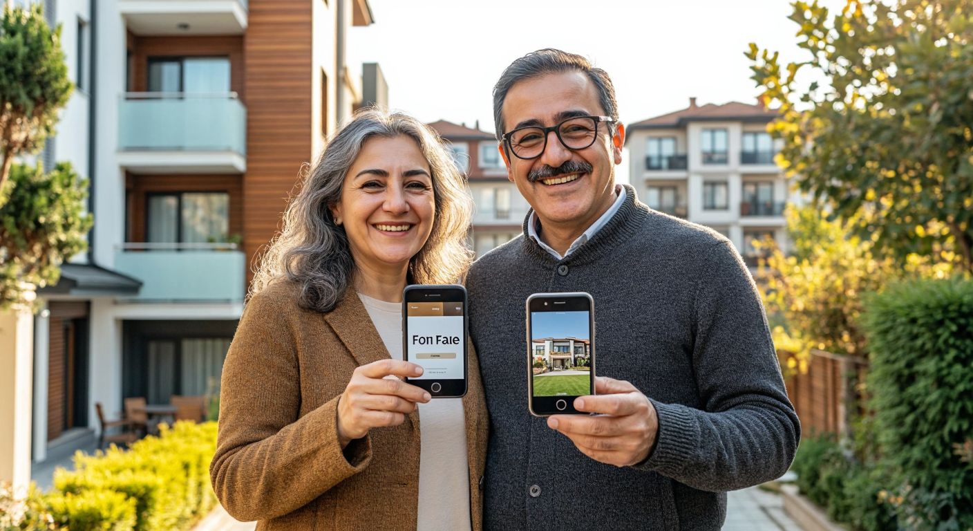 A smiling middle-aged Turkish couple stands in front of their sunlit apartment in Istanbul, holding a "For Sale" sign while one points to a smartphone displaying a real estate app.