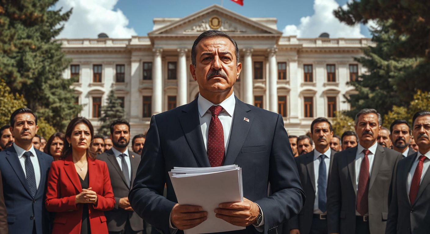 A stern, middle-aged Turkish governor in a formal suit stands confidently in front of a grand government building, holding a stack of documents while citizens in the background observe with mixed expressions of curiosity and concern.