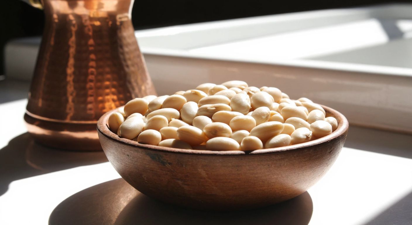 A rustic wooden bowl filled with plump, shiny white beans, resting on a sunlit kitchen counter with a traditional Turkish copper coffee pot in the background.