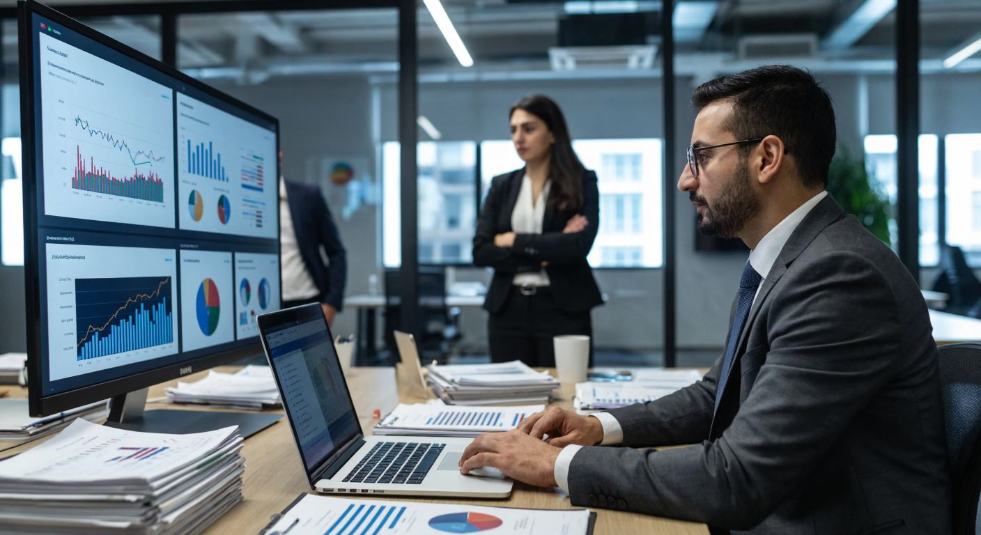 A Turkish business analyst in a modern office examines financial charts and graphs on a large screen, surrounded by stacks of reports and a laptop displaying market trends, while colleagues discuss data in the background.