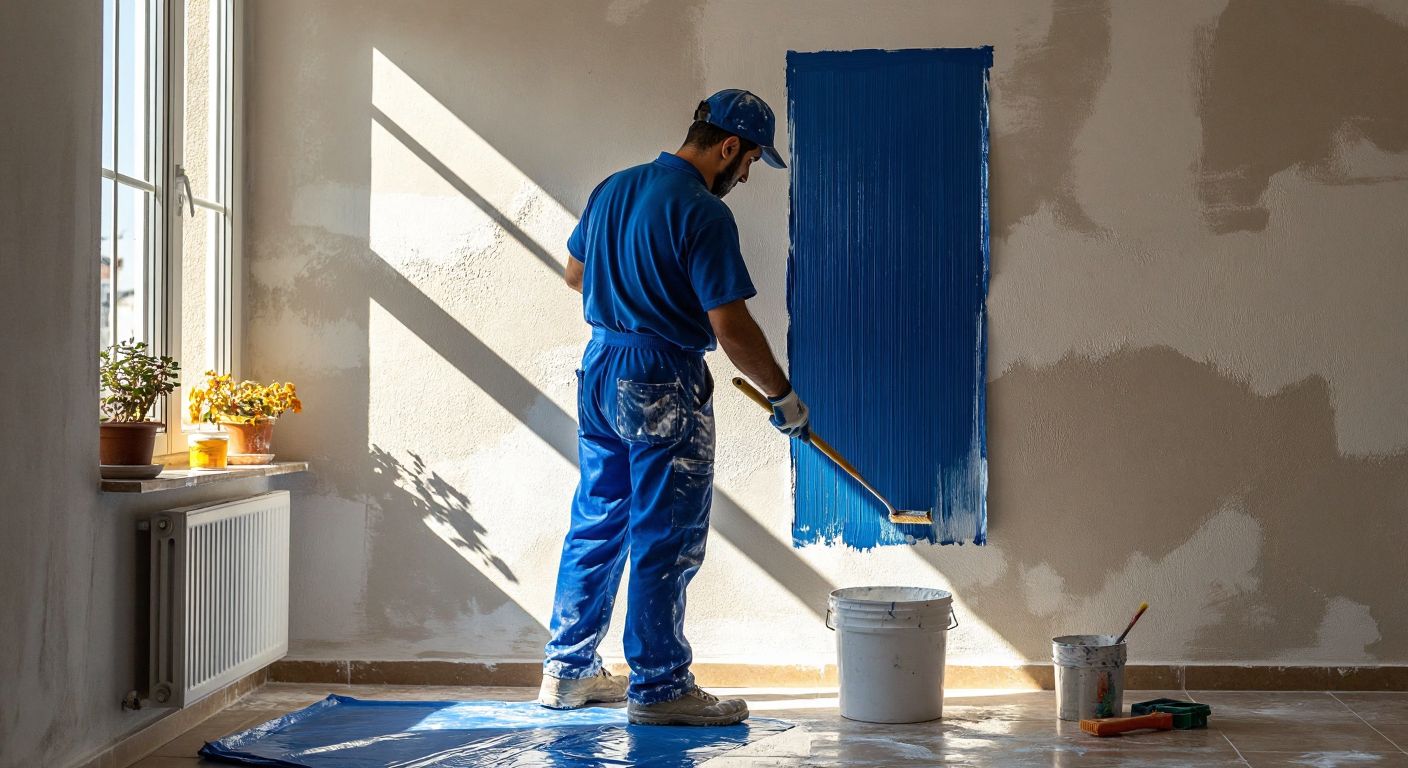 A Turkish painter in a blue work uniform carefully rolls plastic paint onto a slightly damp, textured wall in a sunlit room, with a bucket of paint and tools nearby.