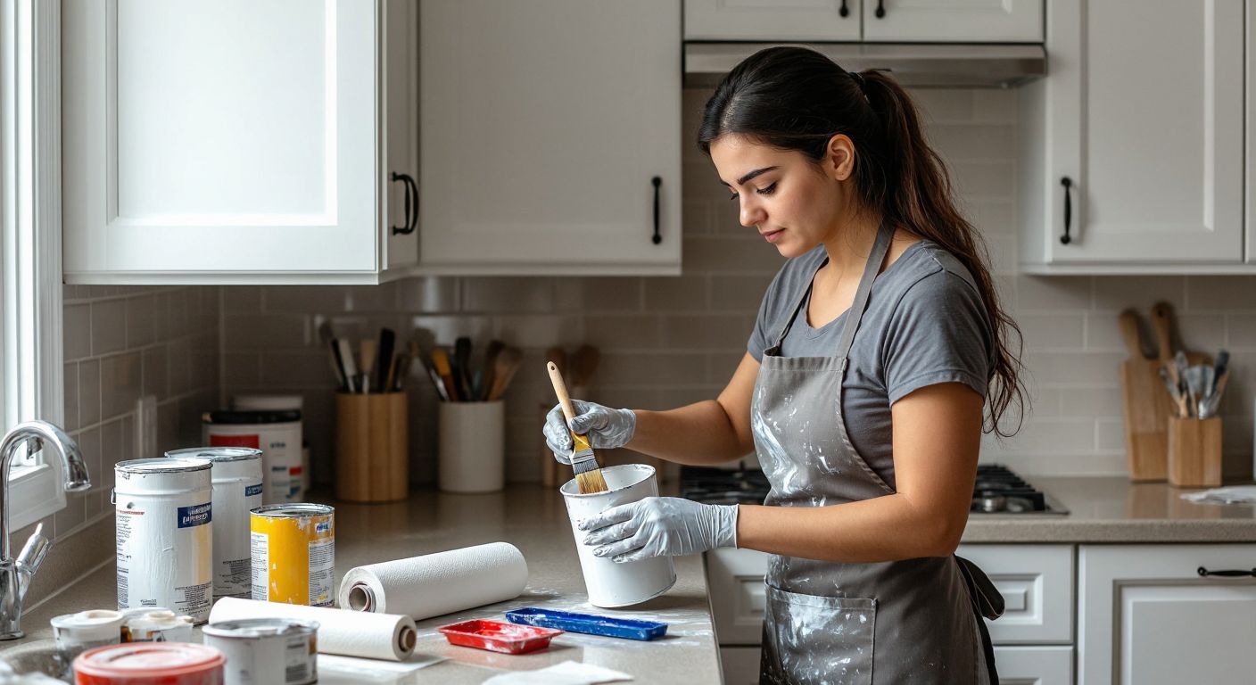 A Turkish woman in an apron carefully painting a kitchen cabinet with a brush, surrounded by paint cans, rollers, and protective sheets, with freshly painted white cabinets in the background.