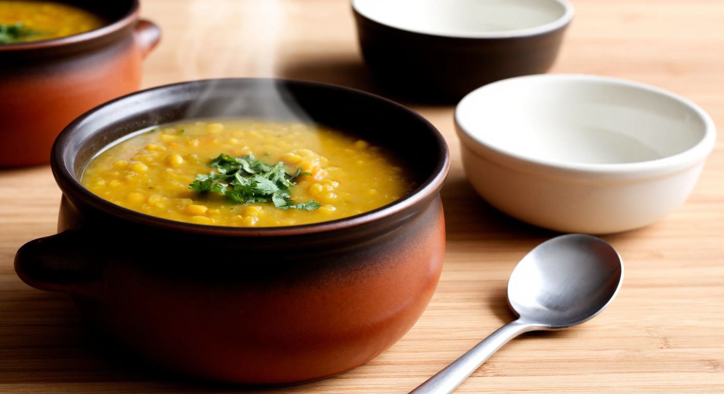 A warm, steaming ceramic soup bowl filled with golden lentil soup, placed on a wooden table with a spoon beside it, surrounded by small, medium, and large empty bowls of varying sizes.