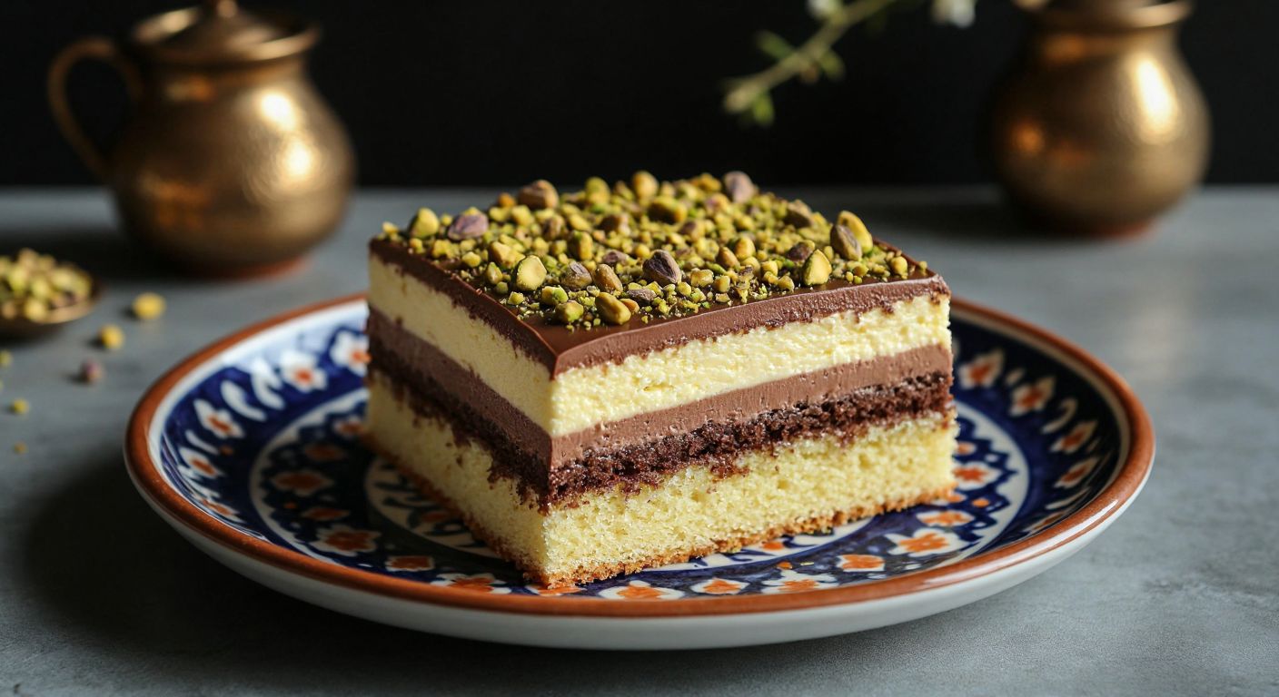 A golden vanilla cake layered with creamy chocolate muhallebi, garnished with crushed pistachios, sitting on a traditional Turkish ceramic plate.