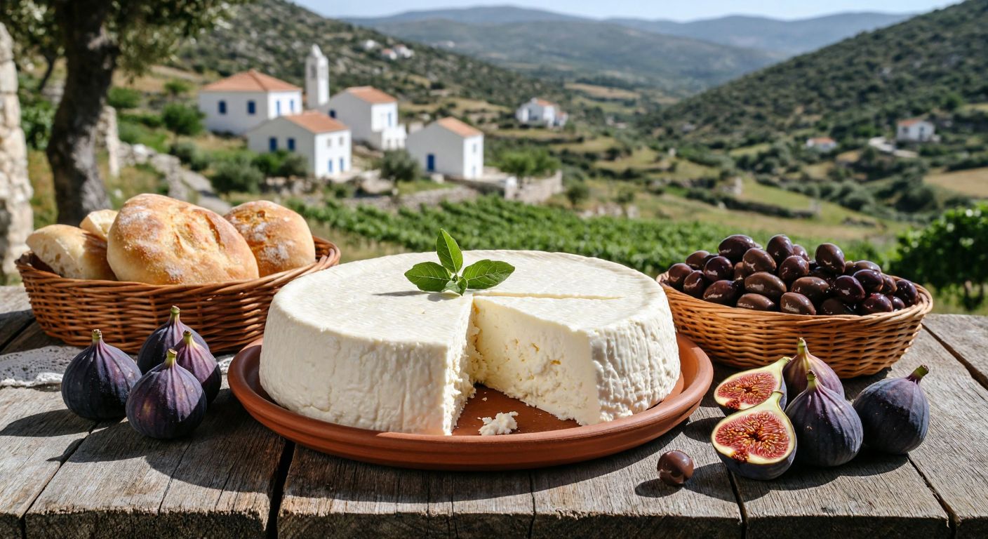 A rustic wooden table in a sunlit Aegean village showcases a round of crumbly İzmir tulum peyniri on a clay plate, surrounded by fresh figs, olives, and a woven basket of warm bread, with rolling green hills and whitewashed stone houses in the background.