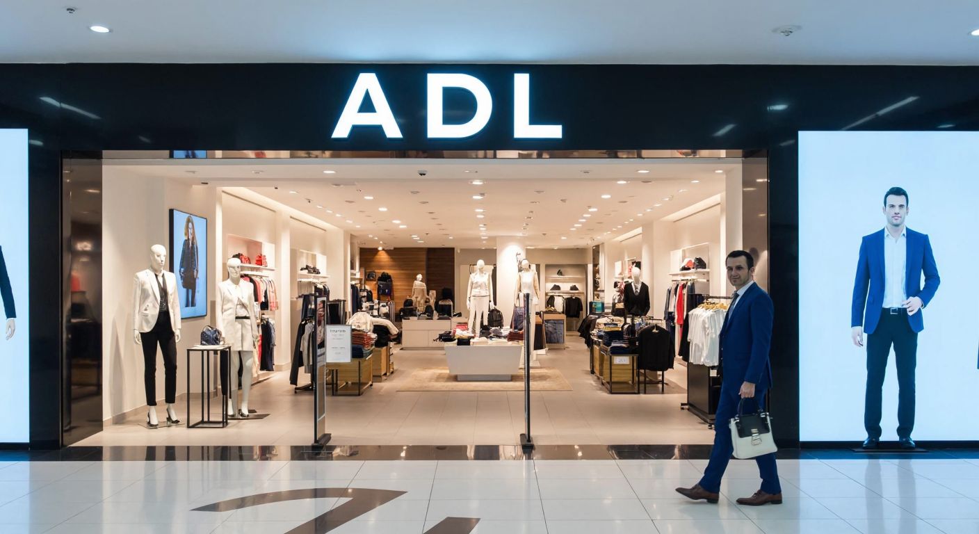 A modern Turkish shopping mall with a sleek **AdL** storefront, displaying stylish clothing mannequins, while a well-dressed businessman (representing Adil Işık) stands confidently nearby, overseeing the bustling retail space.
