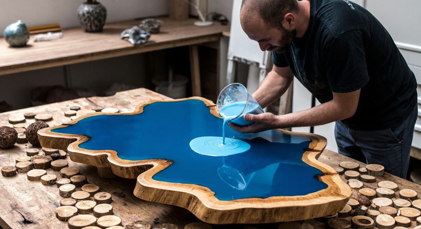 A craftsman in a workshop carefully pouring glossy blue epoxy resin over a wooden zigzag-shaped coffee table base, surrounded by scattered wood slices and decorative stones.