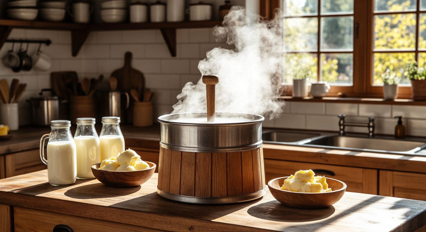 A traditional Turkish wooden butter churner with a stainless steel drum sits on a sunlit kitchen counter, surrounded by fresh milk jugs and a small bowl of golden butter, with steam rising gently from the machine as it hums quietly.