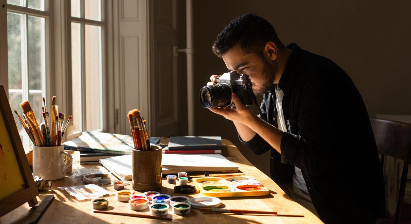 A Turkish photographer adjusts the focus on a vintage camera while vibrant paint palettes and scattered brushes lie on a wooden table in a sunlit studio.