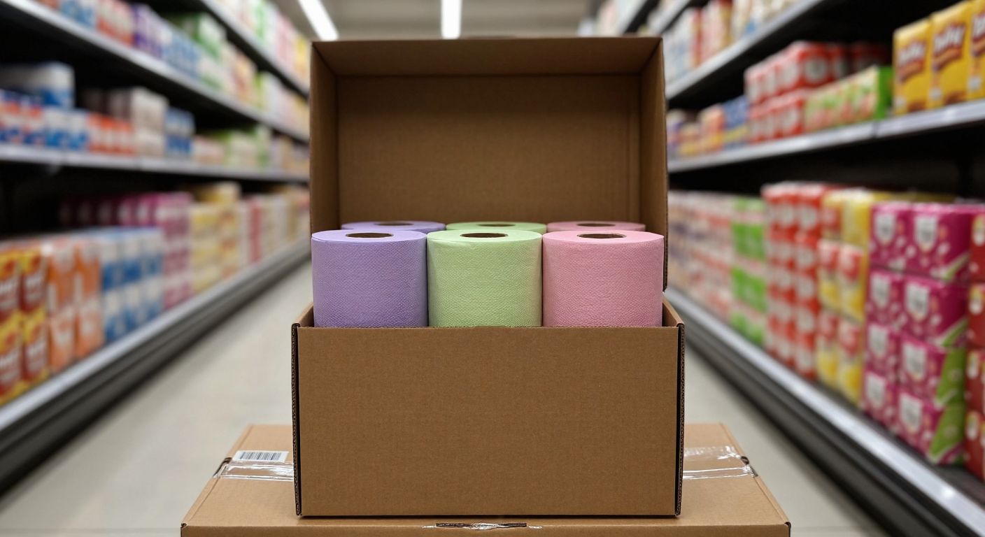 A neatly stacked cardboard box of Maylo paper towels in a Turkish supermarket aisle, with eight colorful rolls peeking out from the open top.