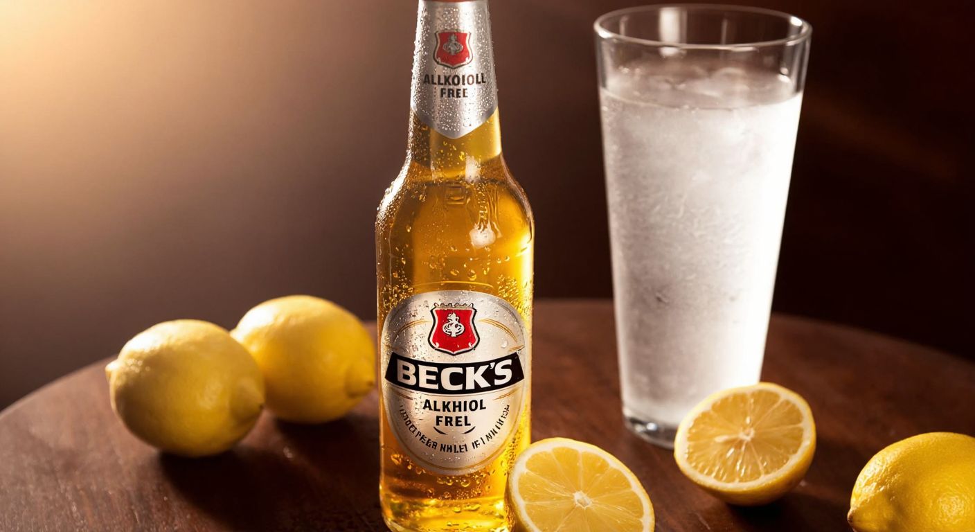 A chilled, golden bottle of Beck's Alkohol Frei beer sits on a wooden table with condensation dripping down its side, surrounded by fresh lemon slices and a frosted glass, evoking a refreshing, light drinking experience.