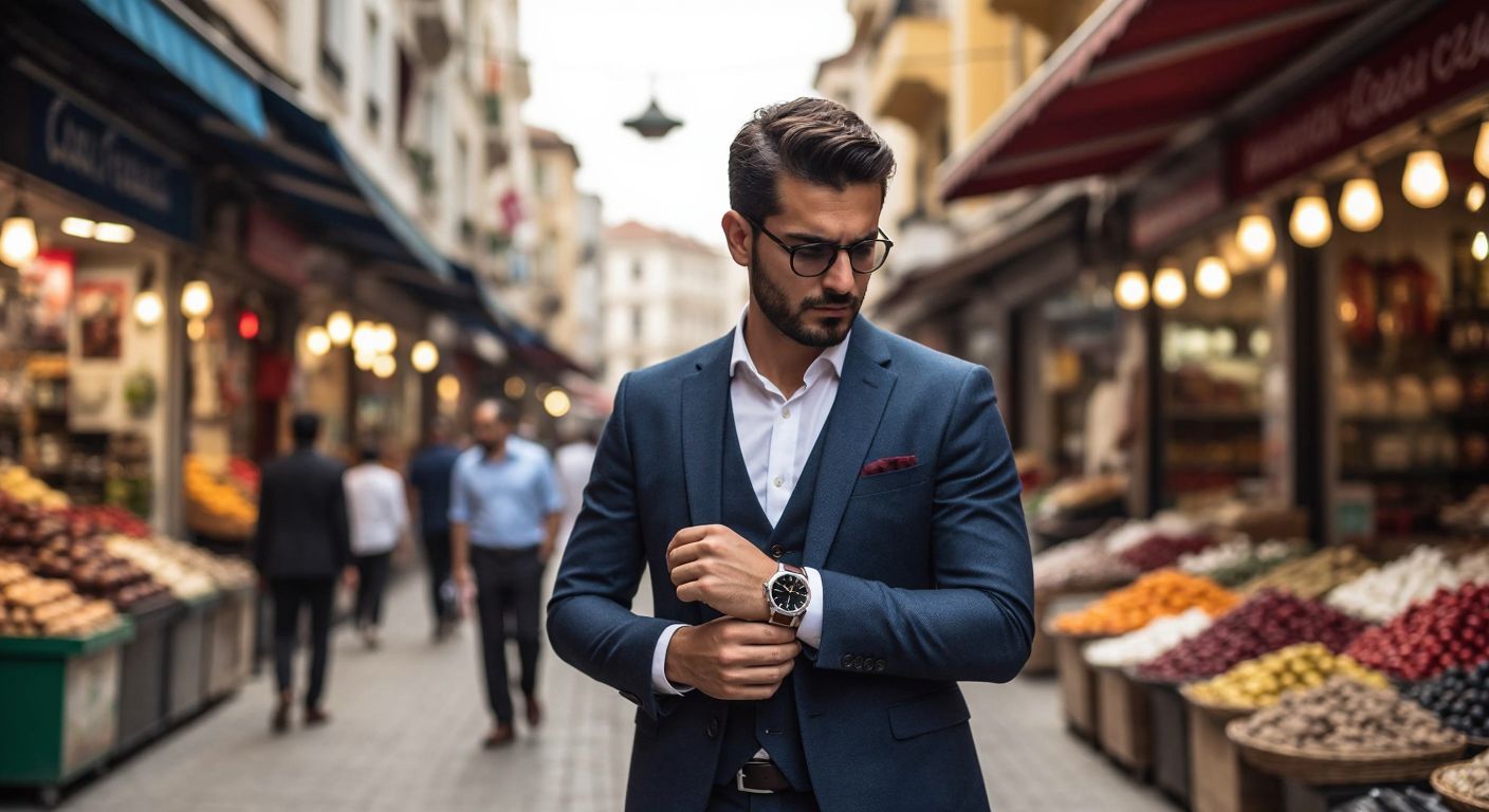 A well-dressed Turkish man confidently checks his sleek, water-resistant Poedagar wristwatch while standing near a bustling bazaar, reflecting durability and style.