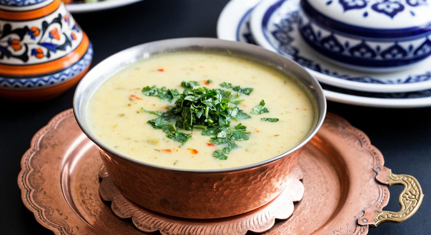 A steaming bowl of creamy Hidiv soup, garnished with fresh herbs, placed on an ornate Ottoman-style copper tray with traditional Turkish ceramic dishes in the background.