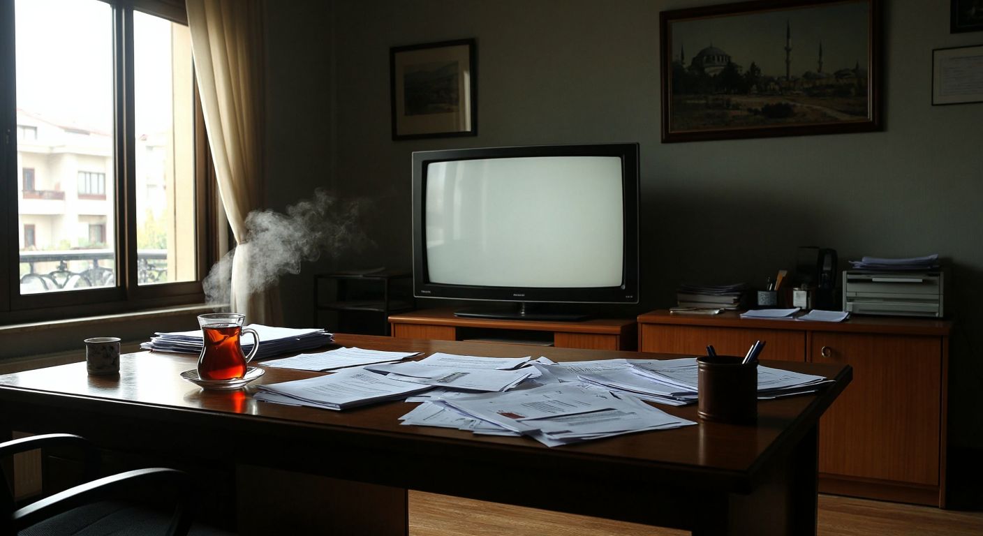 A dimly lit office in Turkey with a blank TV screen on a wooden desk, surrounded by scattered papers and a steaming cup of Turkish tea, conveying uncertainty and lack of clear ownership.