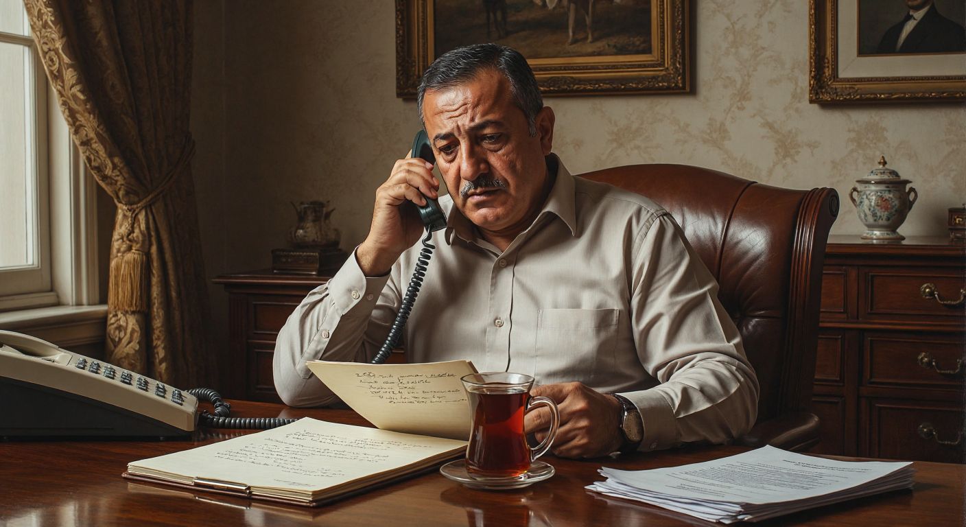 A middle-aged Turkish man in a button-up shirt sits at a wooden desk, holding a landline phone to his ear while flipping through a small notebook with handwritten notes, his expression focused yet slightly relieved, with a steaming cup of Turkish tea and a stack of official-looking documents beside him.