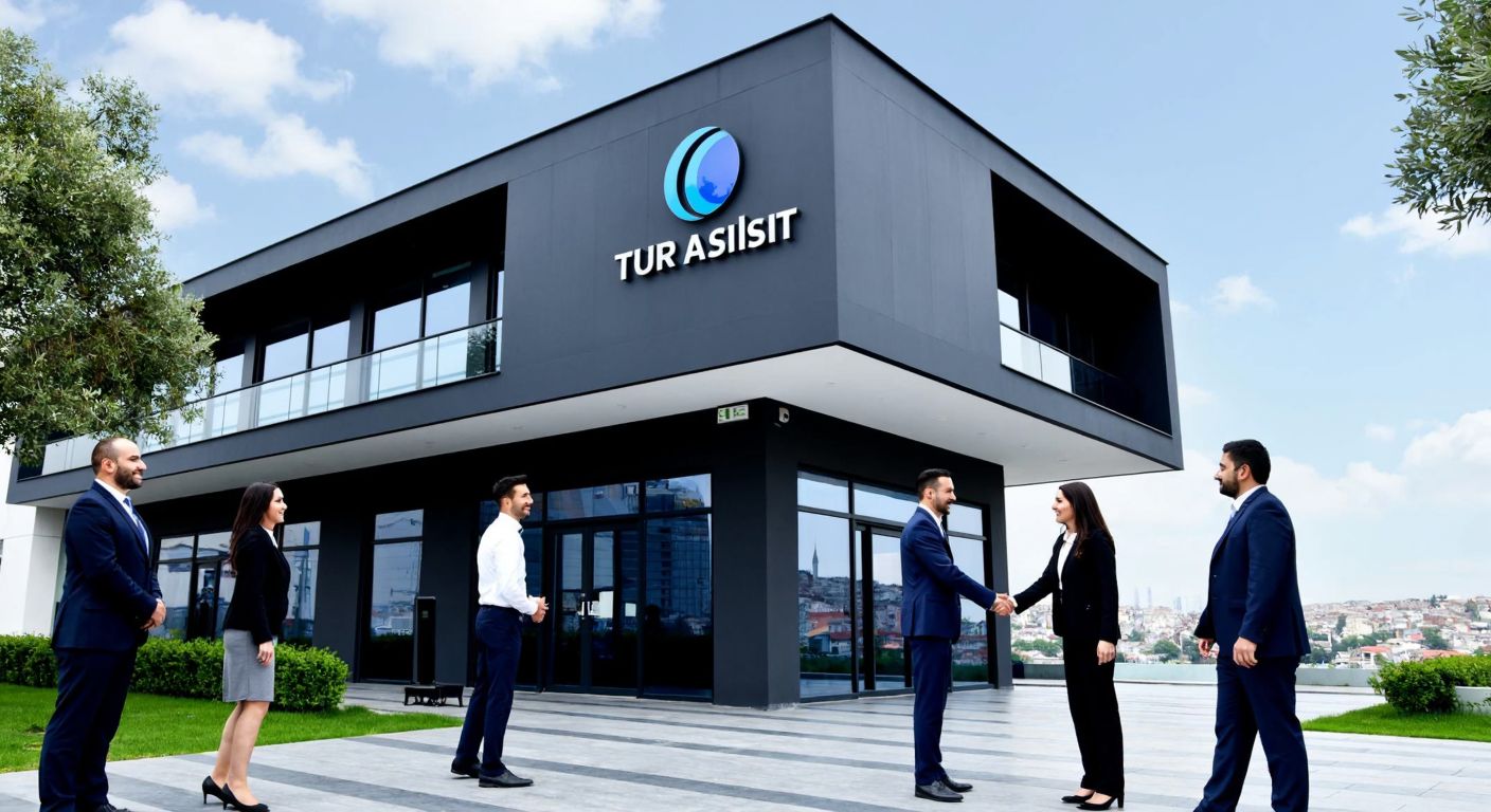A modern office building in Istanbul with a sleek Tur Assist logo on the facade, surrounded by well-dressed professionals in business attire shaking hands, symbolizing the merger of İmece Sağlık Hizmetleri under Tur Assist.