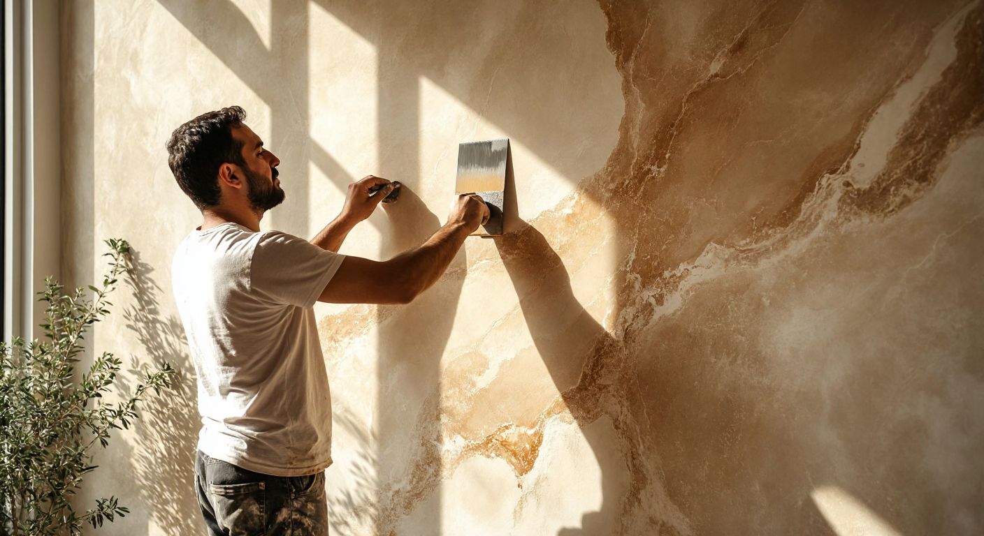 A skilled artisan in Turkey applies Venetian plaster with a trowel, creating a smooth, marble-like finish on a sunlit wall in a traditional home.