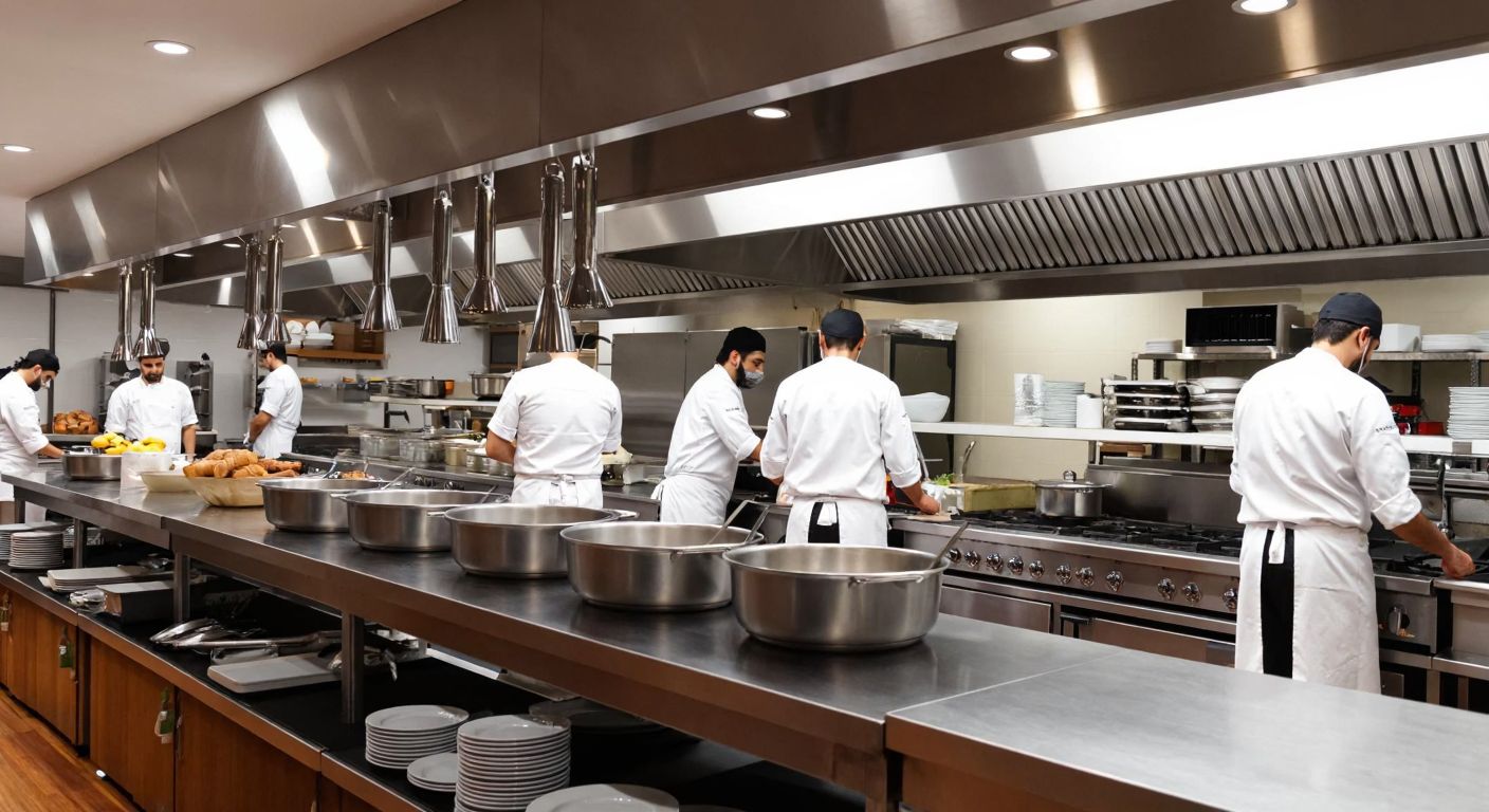 A bustling Turkish commercial kitchen with chefs in white aprons using gleaming stainless steel industrial equipment, surrounded by neatly arranged rows of professional knives and coffee machines.