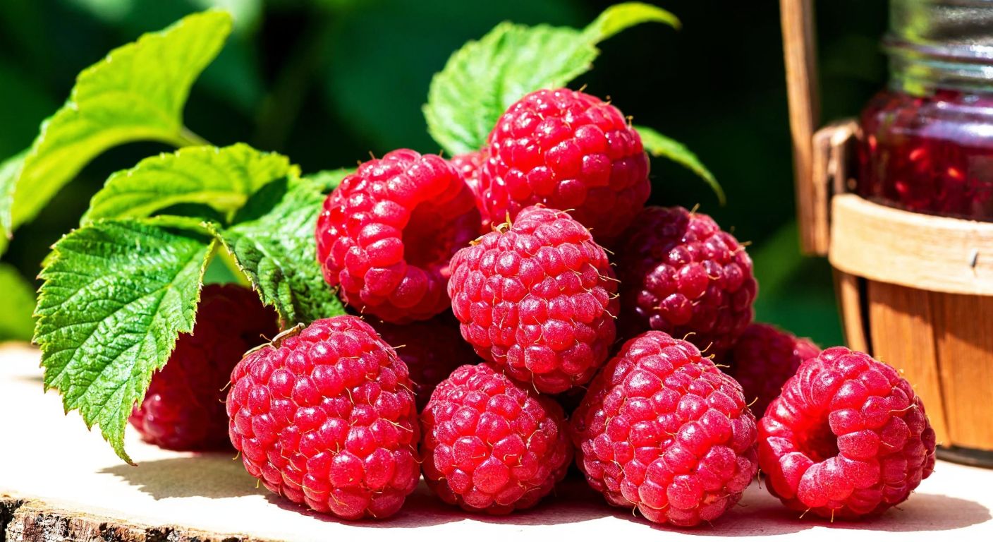 A vibrant cluster of ripe red raspberries glistening with dew, nestled among lush green leaves on a sunlit branch, with a rustic wooden basket filled with fresh raspberries and a jar of homemade jam in the background.