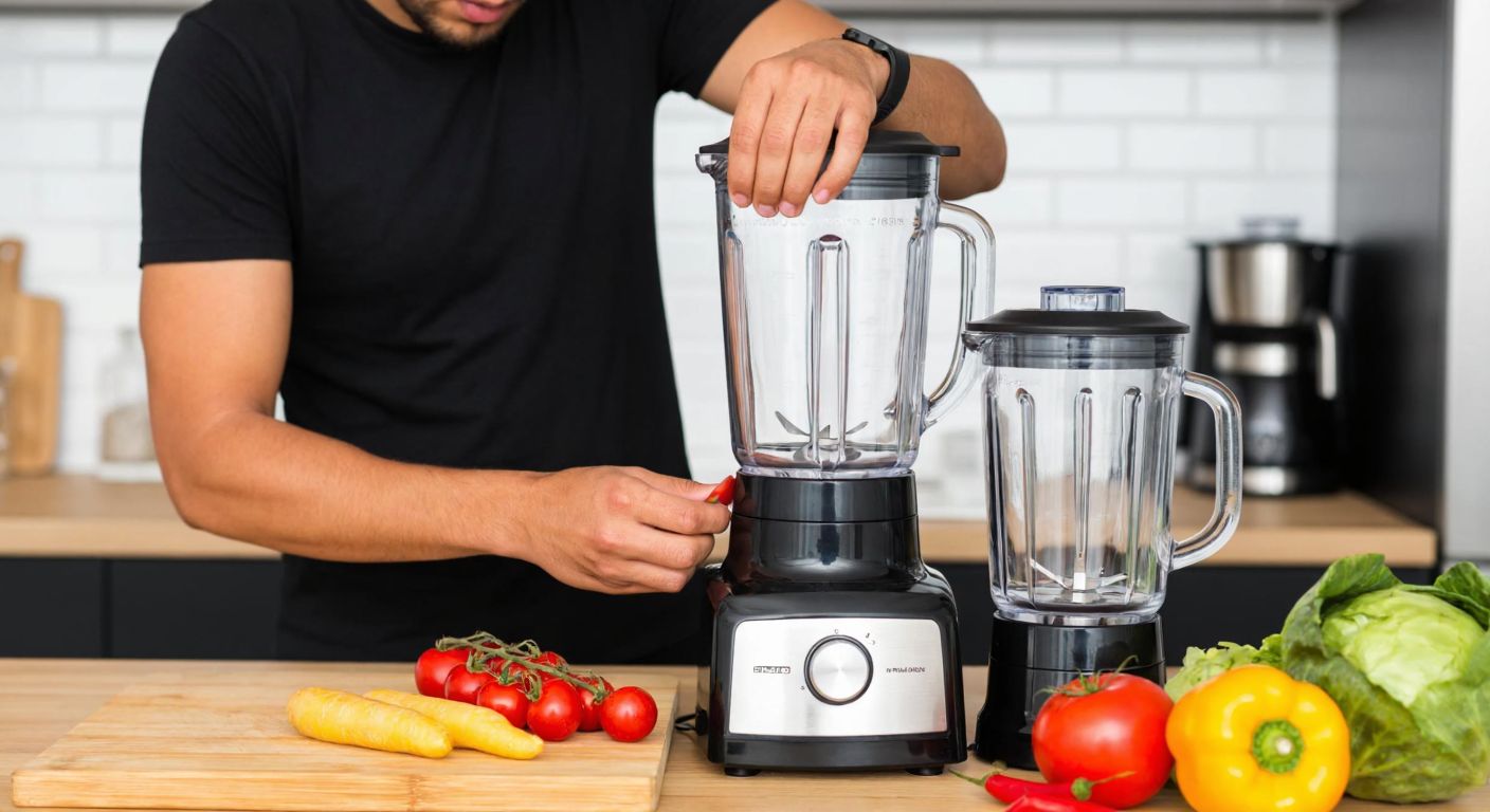 A person in a Turkish kitchen carefully attaching a sharp blade to a modern blender’s container, with fresh vegetables nearby and a look of focused determination on their face.