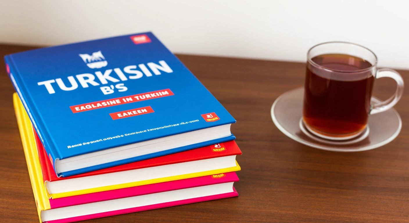 A stack of colorful Turkish educational books with the top one prominently featuring a bold title, placed on a wooden desk with a steaming cup of çay beside it.