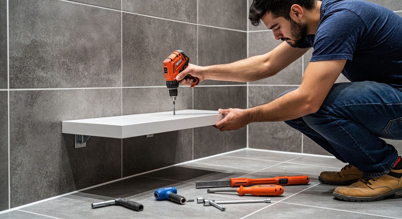 A person in a modern Turkish bathroom carefully drills holes into a tiled wall while holding a sleek white shelf, with tools and hardware neatly laid out on the floor nearby.